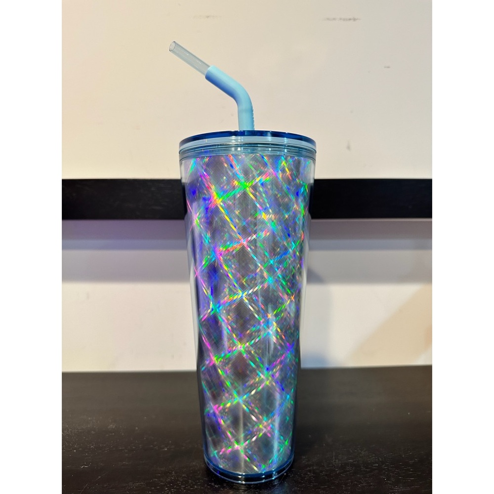 Starbucks Silver Metallic Holographic Star Checkered Slant Straw Cup 2024 - Picture 5 of 9